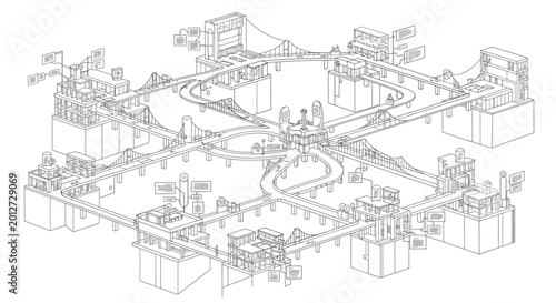 A detailed line drawing of a complex hexagonal city infrastructure with multiple bridges, roads, and buildings.
