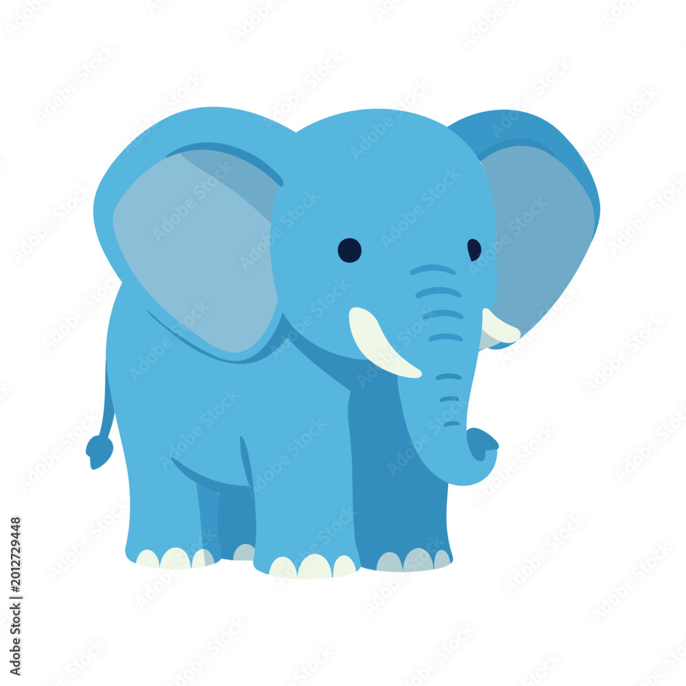 Fototapeta premium The illustration depicts a cartoon elephant, which is light blue in color, and has large ears, a trunk, and small white tusks.