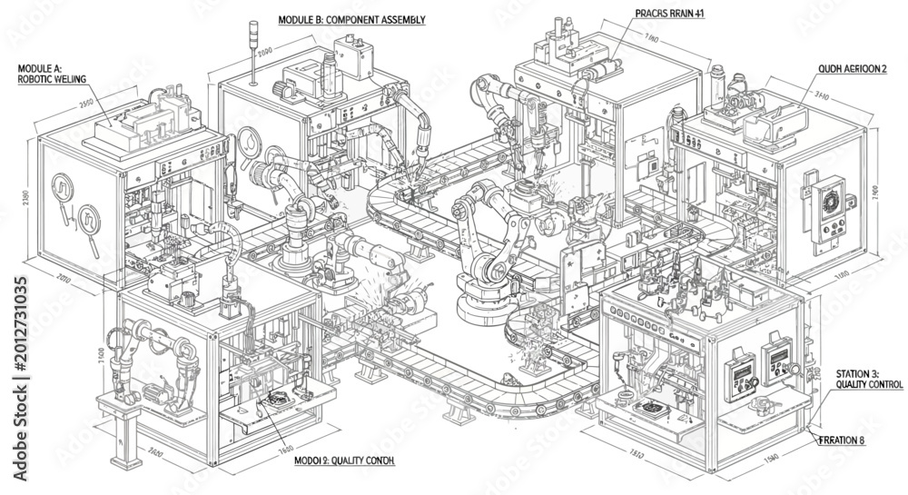 Naklejka premium Detailed technical drawing of an automated industrial manufacturing and assembly line with various production modules and quality control stations.