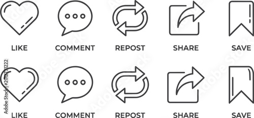 instagram newly updated like, comment, repost, share, save icons. vector ui outline icon set 2026. social media interaction symbols