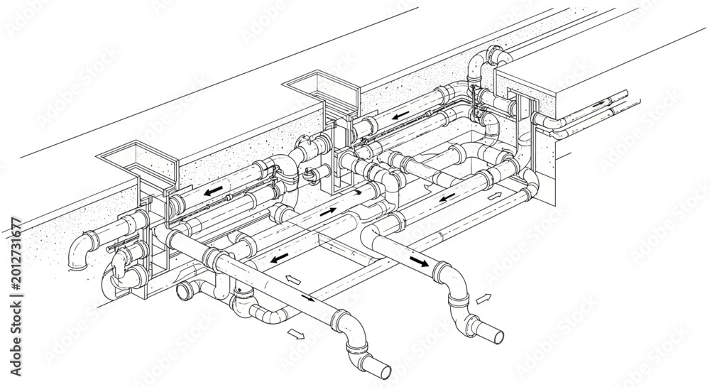 Fototapeta premium Detailed isometric drawing of a complex building piping and ductwork system.