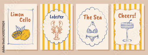 Italian summer posters and cards in hand drawn whimsical style. lemons. Mediterranean. La Dolce Vita. Amalfi coast.