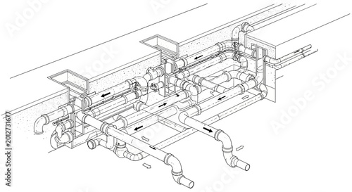 Detailed isometric drawing of a complex building piping and ductwork system.