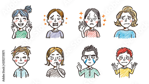 Foto Emotions in Portrait: A collection of emotive portraits showcase diverse facial expressions, vividly portraying the spectrum of human feelings, from joy to sadness