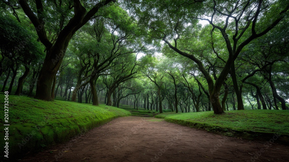 Obraz premium Serene Forest Path with Lush Green Trees and Soft Light Filtering Through Foliage in a Peaceful Natural Setting