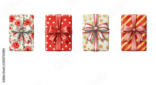 highly detailed watercolor flat lay of five christmas gifts wrapped in festive patterns (polka dots, stripes, foil), soft studio light on white background with copy space. Concept of elegant holiday