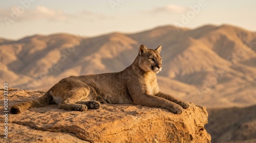 Mountain lion pics featuring a cougar resting on sunlit sandstone ledge, golden desert hills beyond, long body pose, calm watchful face, warm cinematic big cat wilderness scene, arid plateau view