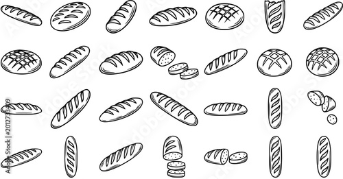 Cuadro en lienzo Black and White Line Art Collection of Various Bread Types and Bakery Items