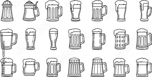 Canvastavla Set of Black and White Line Art Beer Mugs and Glasses Icons