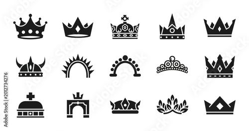 Принти на полотні 15 Royal Crown Silhouette Icons Tiara Diadem Laurel Wreath, Solid Black Style, L