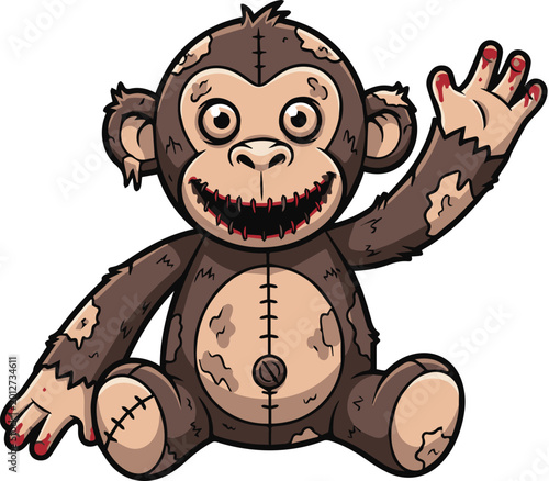 Creepy Monkey Plush Horror Vector Cartoon Illustration Isolated on White Background