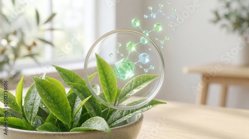 Fresh green tea leaves with morning dew in ceramic bowl and magnifying lens revealing translucent green antioxidant molecules floating upward in bright natural setting