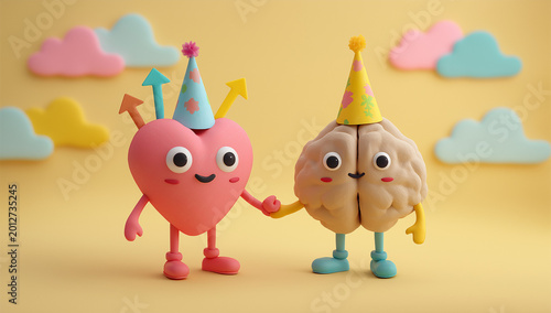 a heart and brain character dancing together, both wearing party hats with colorful