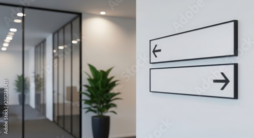 Modern office interior with blank directional signs on wall
