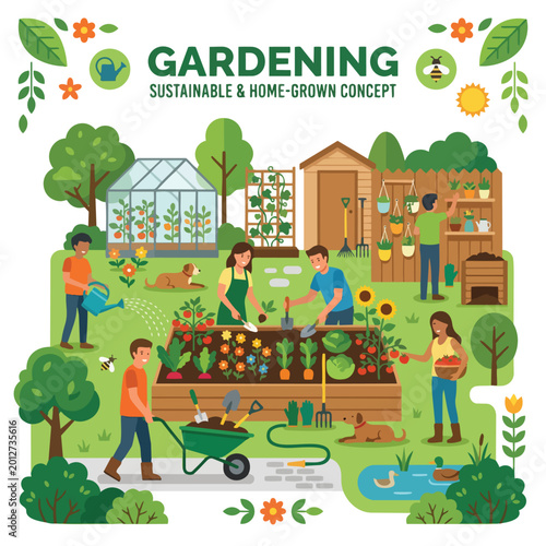 Sustainable Home Gardening Vector Illustration with People and Pets