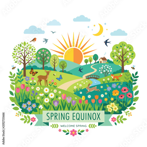 Vibrant Spring Equinox Landscape Illustration with Animals and Flowers