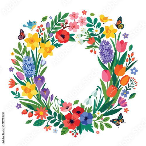 Vibrant Spring Flower Wreath with Birds and Butterflies