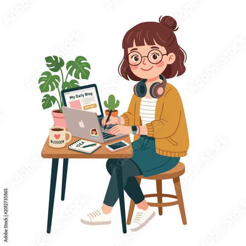 Young Woman Blogger Working on Laptop with Headphones