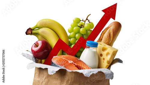 Grocery bag with food items and red arrow graph, isolated on transparent background