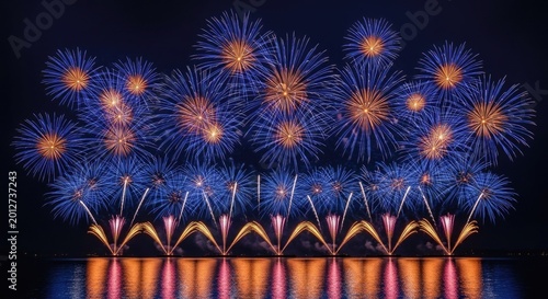 Spectacular american independence day fireworks display over water at night