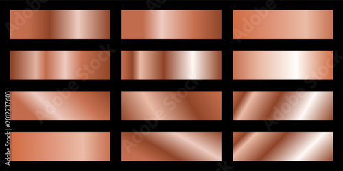 Copper gradients collection. Luxury set of pale copper gradient swatches. Metallic textures with polished foil shine and satin smooth. Premium design palette