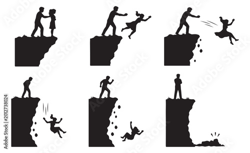 Foto Man Pushing Woman Off Cliff Silhouette Icons Set