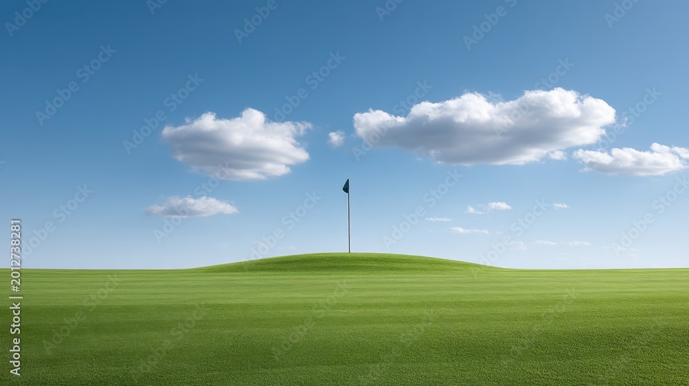 Fototapeta premium Scenic Golf Course Landscape with Lush Green Grass, Blue Sky, and White Clouds Overlooking a Single Flag on a Hilltop