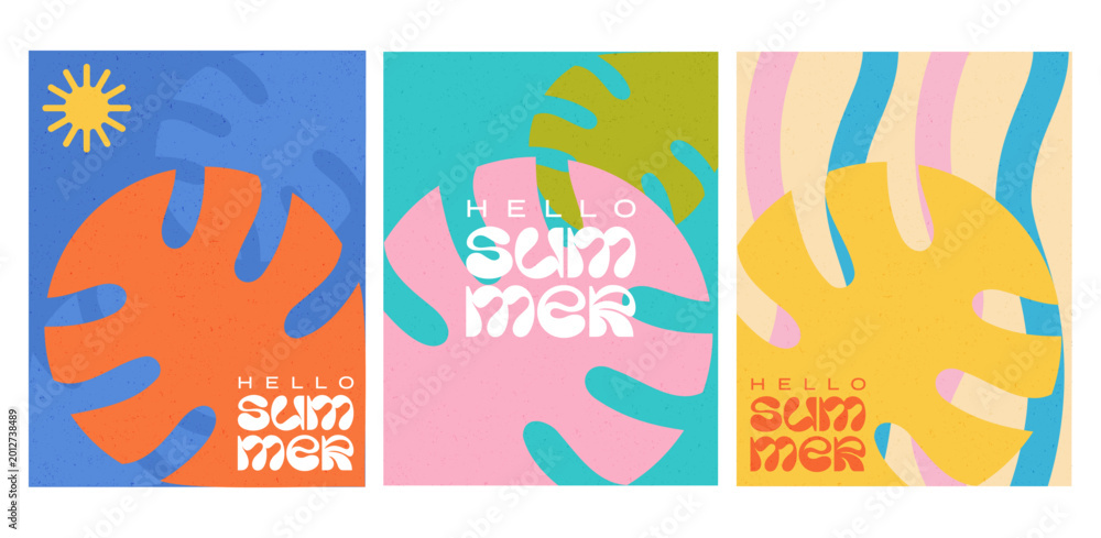 Fototapeta premium Modern Abstract Summer Posters with Tropical Retro Shapes and Wavy Patterns for Branding, Social Media, Covers and Advertising