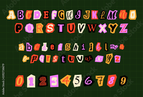 Creative collage letters and numerals on dark background. Colorful cutout alphabet and numbers set. Typography set for posters, creative projects, kids design and collage.