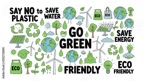 Eco-Friendly and Sustainable: A vibrant illustration promoting eco-consciousness and sustainable practices, featuring various environmental symbols.