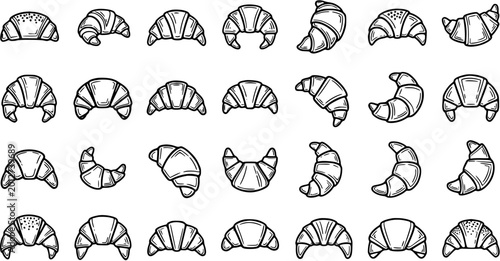 Quadro su tela Black and White Line Art Croissants Pattern, Food Bakery Pastry Vector Graphic