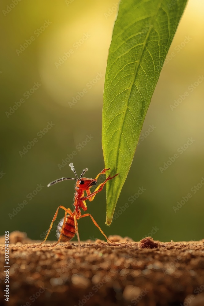Fototapeta premium A macro close-up of a small ant on a green leaf captures the intricate details of wildlife and nature in a summer garden