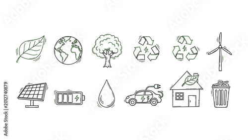 Fotografie Eco-Friendly Icons: A collection of hand-drawn icons representing diverse aspects of environmental sustainability, showcasing the harmonious balance between innovation and eco-consciousness