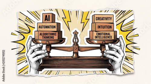 AI and Human Intelligence Balance Pop Art Grunge Collage Illustration, Creativity Versus Automation Halftone Comic Style Design