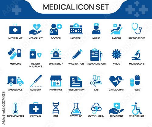 Modern medical icon set with healthcare hospital pharmacy and laboratory illustration collection design