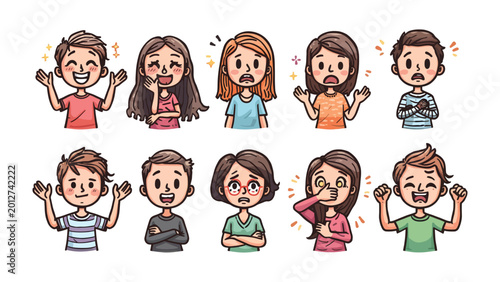 Quadro em tela Expressions Unveiled: A vibrant illustration showcases an array of individuals, each a unique portrait of human emotions, capturing the essence of feelings with dynamic visuals