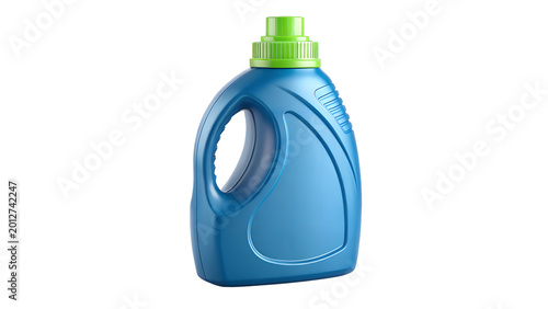 Blue Plastic Laundry Detergent Bottle with Green Cap Isolated on White