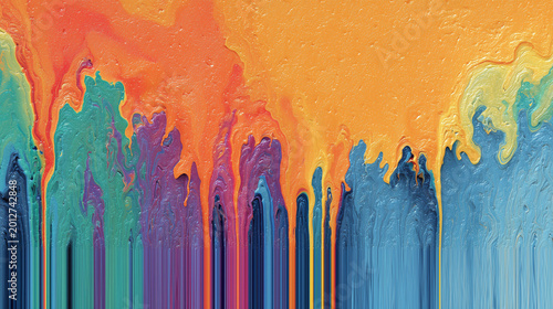 Vivid abstract background with melting paint drips in bright gradient colors; fluid art style perfect for creative design, posters, wallpapers, branding and digital visuals