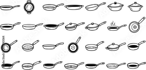 Foto Black and White Line Art Collection of Various Frying Pans and Pots for Cooking