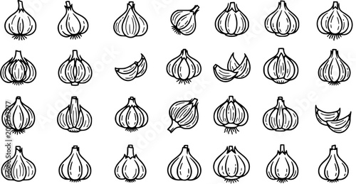 Cuadro en lienzo Food  Cooking Line Art Garlic Icons Set