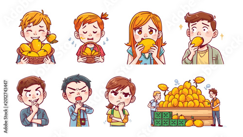 Canvastavla Mango Mania: A delightful illustration showcases a variety of people enjoying and reacting to fresh, juicy mangoes