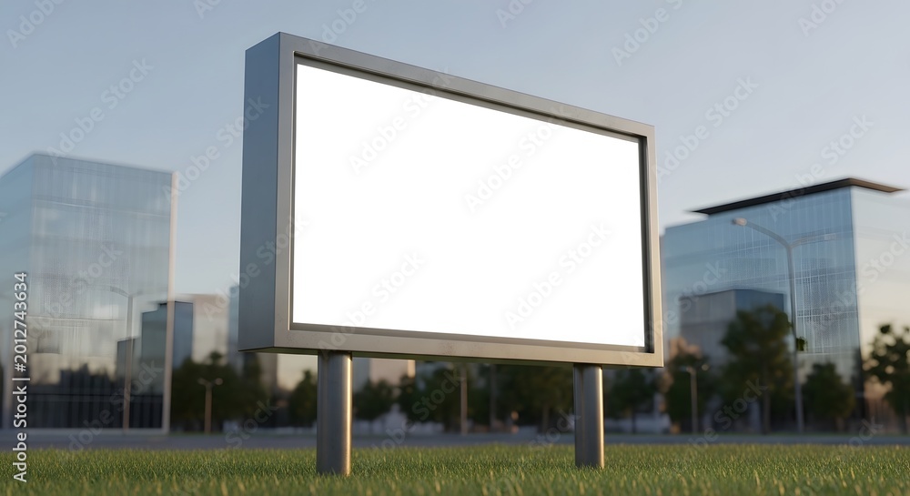 Fototapeta premium Blank outdoor billboard mockup in a city park with modern glass buildings and blue sky in background.
