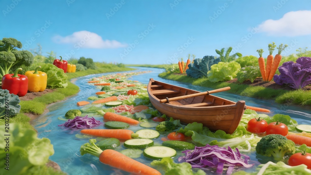 Obraz premium Boat floating on vegetable filled river