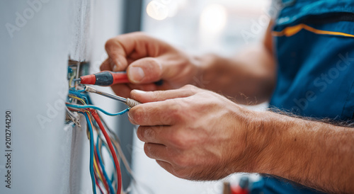 Electrician testing wires with multimeter in control box; close-up industrial style, safety and maintenance concept, ideal for engineering, construction, service, training and technical visuals