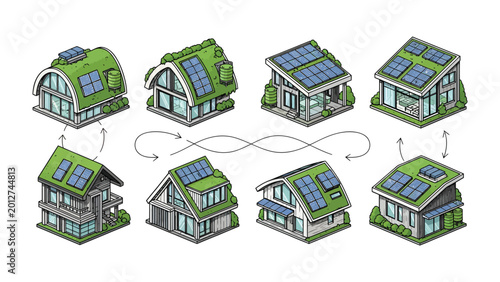 Canvas Print Sustainable Homes: A collection of eco-friendly houses showcases sustainable living with solar panels, inviting viewers to embrace a greener future