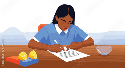 Dark-skinned person writing notes at a wooden table, lemons & bowl nearby, mountains