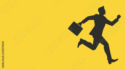 animated silhouette of an office worker running away from the office on a yellow background