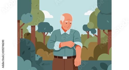 Thoughtful senior man rolling up sleeve in a stylized park, minimalist illustration