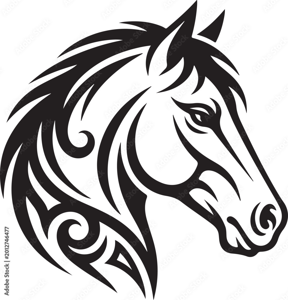 Fototapeta premium Black and white tribal horse head silhouette tattoo design Vector, illustration
