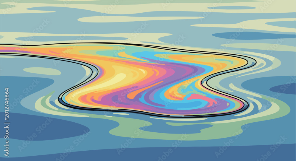 Fototapeta premium Stylized illustration of vibrant oil slick pollution swirling on a blue water surface